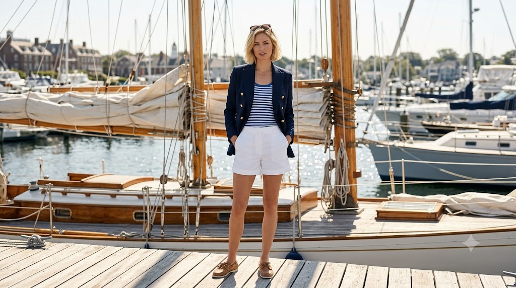 Classic Navy Blazer & Tailored White Shorts